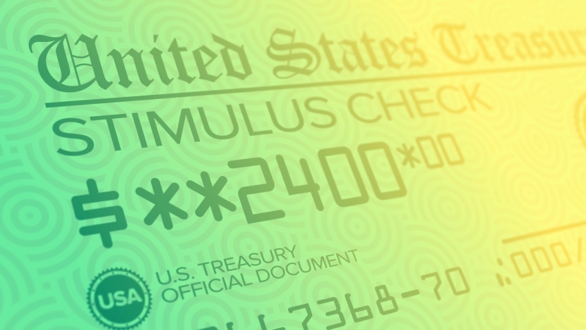 A stylized background animation of a fictional United States stimulus check. $2400 checks were sent out to American families to aid citizens pay their bills during the COVID-19 pandemic of 2020.  	 Royalty-Free Stock Footage #1050530305