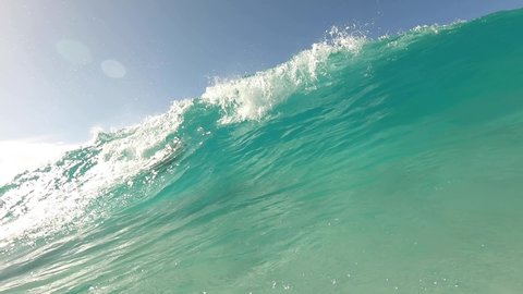 wave breaking onto camera and view from under wave