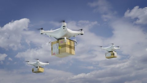 Drones deliver packages. Close up of multiple UAV aerial drones flying on blue sky carrying packages with food, medicine and clothes.