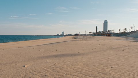 4K Completely deserted beach in Barcelona under lockdown measures to tackle coronavirus pandemic 