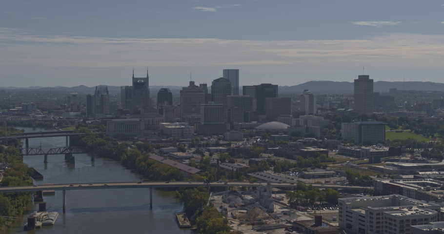 Nashville Tennessee Aerial v6 Looking at north side of downtown skyline cityscape with Capitol building flying horizontal just below Jefferson St - October 2018