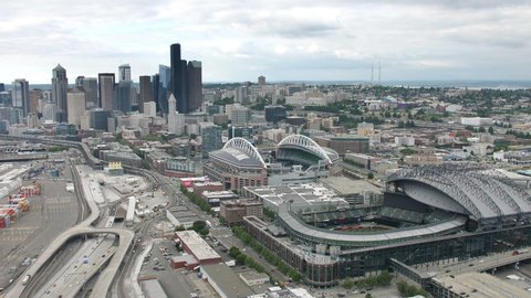 Seattle, Washington / United States - July 21st 2018: Wide Aerial Shot of CenturyLink Field and T-Mobile Park in Seattle