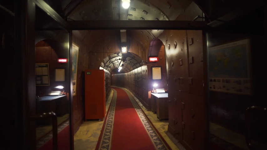 Underground bunker shelter Stalin in city Moscow. Long tunnel