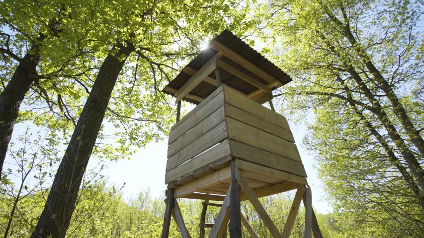 Lookout wooden watch tower for hunters, gimbal 4K shot in colorful forest. 