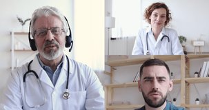 Senior male doctor wearing headset videoconferencing training therapist and surgeon about corona virus pandemic during group conference video call, virtual webcam chat app. Elearning. Screen view.
