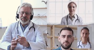 Elderly male doctor wearing headset conference calling teaching medic group. Senior physician training medical team in virtual conference webcam collage chat app. Healthcare webinar screen view.
