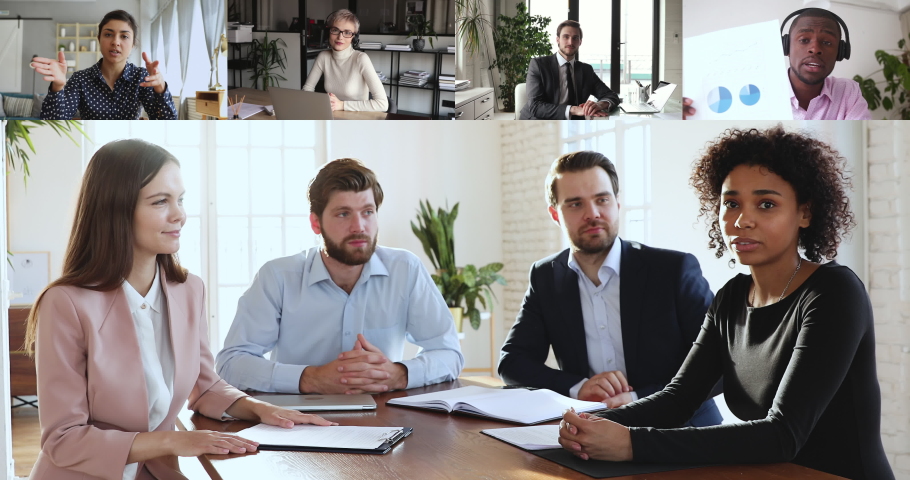 Multiracial business people group participating conference video call meeting. Diverse employees or partners remote online videoconferencing in office virtual chat app. Computer screen collage view Royalty-Free Stock Footage #1050559579
