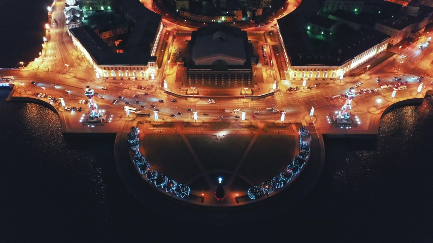 Aerial view of Old Saint Petersburg Stock Exchange and Rostral Columns, St Petersburg, Russia