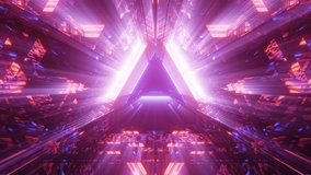 Triangular shape tunnel with path of enlightenment, illuminated with multicolored lights rays. Animation used for VJ, discos, nightclubs.