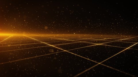 gold particles abstract background with shining golden floor particles stars dust flare  perspective grid. Futuristic glittering fly movement flickering loop in space on black background.	
