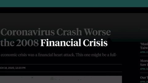 Cluj-Napoca, Romania - April 15, 2020: Zoom in -Animation of Financial crisis in the news titles across international media. Financial crisis concept. Financial crisis illustrative editorial