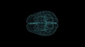 High-quality 3D footage of a human brain wireframe x-ray model. Camera change from top to 360 view isolated on the black background for overlay design or screen blending video editing