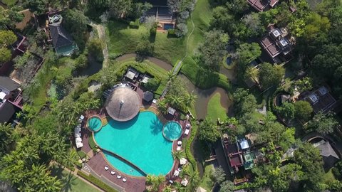 Krabi, Thailand - February 8 2018: Aerial view flying over Phulay Bay Hotel, a Ritz Carlton Reserve resort and its swimming pool