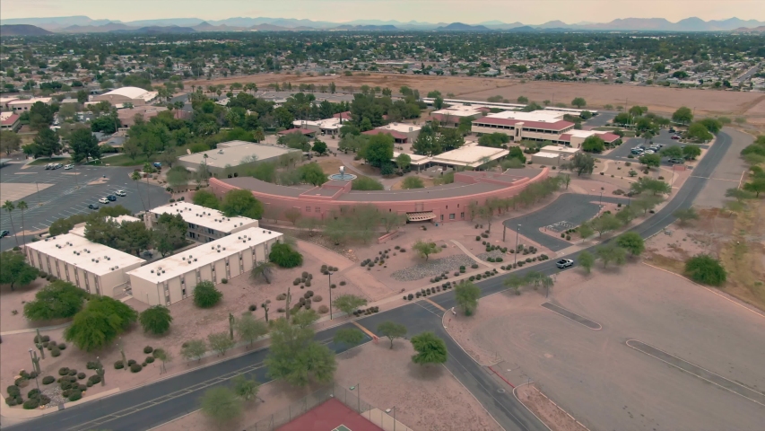 Aerial: Arizona Christian University, a private Christian university in Glendale, Arizona, USA. 14 April 2020 