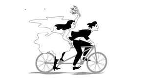 Just married happy couple bride and groom riding tandem with flower bouquet