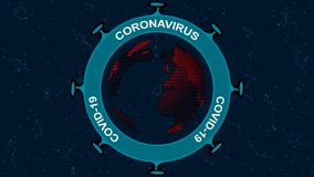 World Map with Sign of Coronavirus Covid-19. Stop Infectious Pandemic on Blue Starry Night Background. Loop Seamless Stock Footage. 3D Graphic