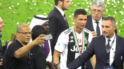 Jeddah / Saudi Arabia - 2019 : Cristiano Ronaldo a football player waving to the fans after they won
