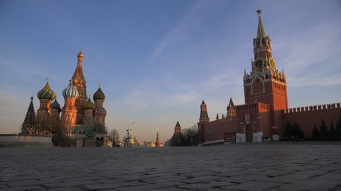 Moscow/Russia-04.09.2020:Quarantine due to coronavirus covid-19. Red Square. Spasskaya Tower and St. Basil's Cathedral.Nobody is in the square. Most people are at home on self-isolation