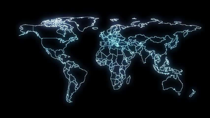 Blue digital Earth Hologram map. Looped Futuristic Animation on a black background. Glitched globe map