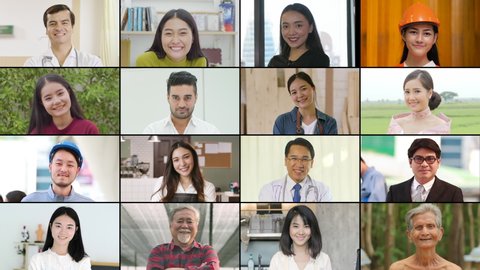 4K resolution Collage of close-up portraits many different ages asian male and female smiling at camera in various environments background. Happiness, Lifestyle concept.