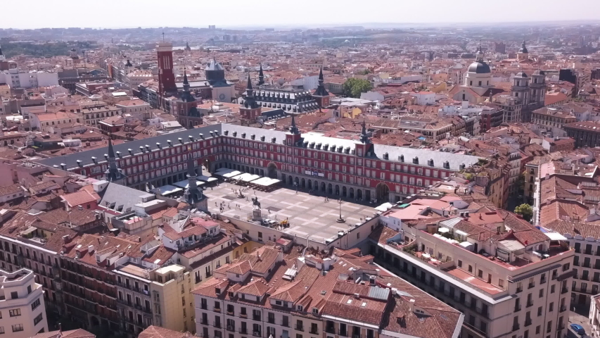 Aerial drone view of Plaza Mayor in Madrid city, the capital of Spain. Views of the historical downtown. Royalty-Free Stock Footage #1050610858