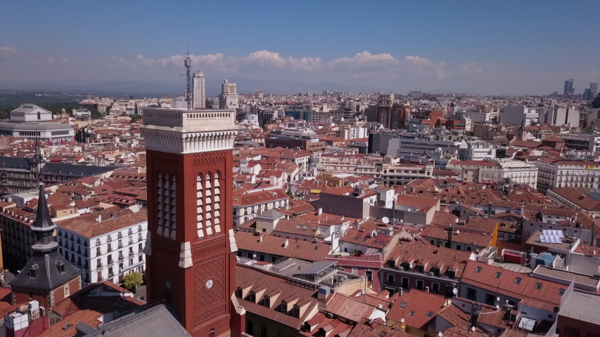 Aerial drone view of Plaza Mayor in Madrid city, the capital of Spain. Views of the historical downtown. Royalty-Free Stock Footage #1050610867