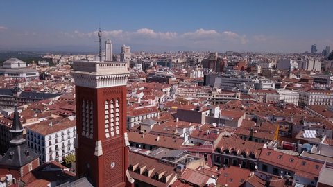 Aerial drone view of Plaza Mayor in Madrid city, the capital of Spain. Views of the historical downtown.