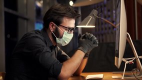 Depressed Sad Businessman In Face Mask Working In Office. Man In Face Mask And Protective Gloves Working In Office. Businessman In Mask Protection Epidemic Coronavirus.Depressed Man Despair On Office
 - Powered by Shutterstock - Get 15% off with code: PIKWIZARD15