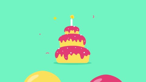 Happy Birthday Background. Animated happy birthday candle cake. Balloons take off.
