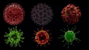 Set of 6 viruses on a black background. 3D animation. Animation of moving viruses. Bacteria, infections, germs and microbes for medical, microbiological design. - Powered by Shutterstock - Get 15% off with code: PIKWIZARD15