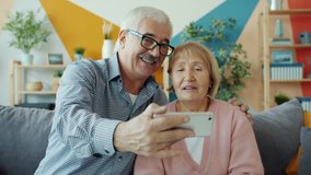 Retired people man and lady are making online video call talking waving hand holding smartphone at home. Communication and lifestyle concept.