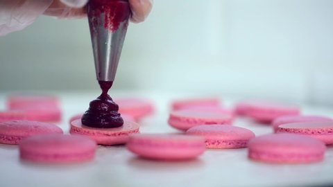 Process of making macaron macaroon, french dessert, squeezing the dough form cooking bag