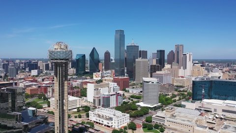 Dallas, Texas / USA - April 8 2020: 4K Drone Aerial Skyline of downtown Dallas with Reunion Tower