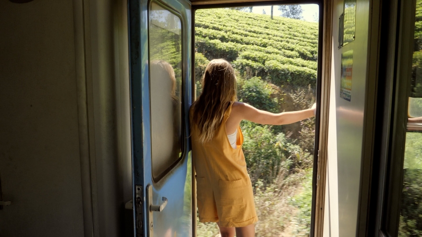 Young woman enjoying train journey on blue train in Sri Lanka passing through tea plantations and hills. Travel girl standing by the door of the train looking outside Slow motion  Royalty-Free Stock Footage #1050643309