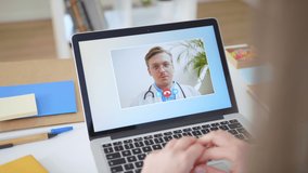 Woman Using Laptop to Talk to His Young Blonde Doctor via Video Conference Medical Person Checks Symptoms Talks with Physician Using Online Video Chat Close-up POV Camera Point of View
