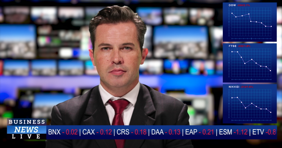 MS male television anchor at news desk presenting business news during the great lockdown economic crisis Royalty-Free Stock Footage #1050647833