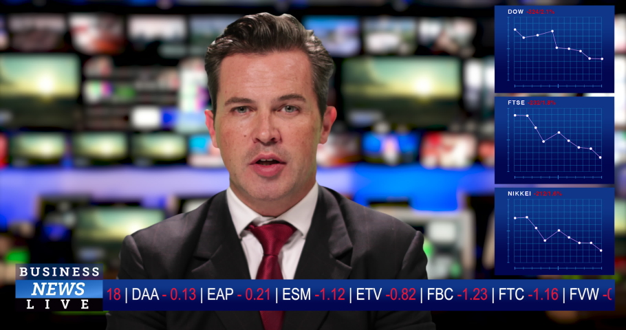 MS male television anchor at news desk presenting business news during the great lockdown economic crisis Royalty-Free Stock Footage #1050647833
