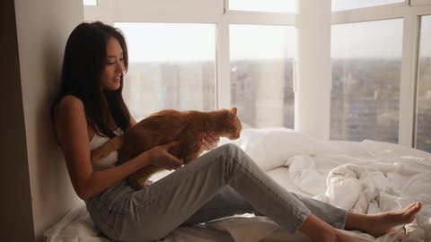 Asian woman plays with her kitten at home. Attractive slim girl with her domestic animal indoors.