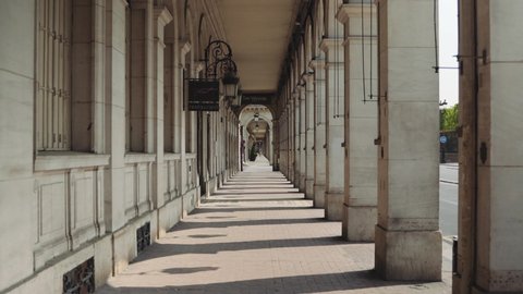 Paris, France / 04 13 2020 : Deserted Rivoli street arcades during coronavirus / Covid19 lockdown in Paris, France 4K