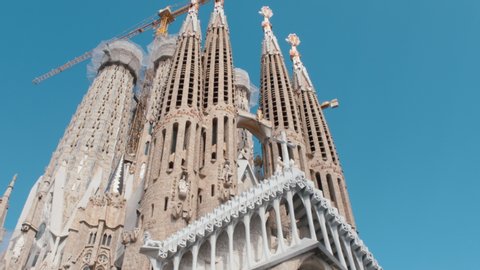 Barcelona, Spain; April 2020: 4K Sagrada Familia basilica, empty city landmark without tourists during coronavirus pandemic and state of alarm