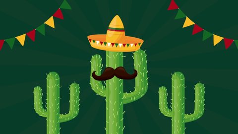 celebration mexican with cactus and hat ,4k video animated