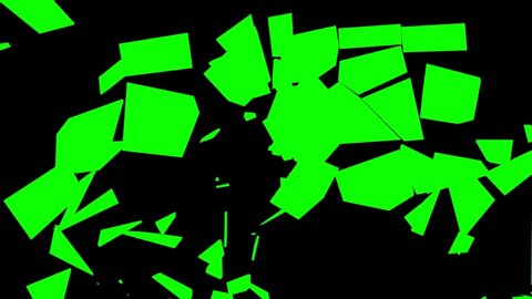 Abstract Video Transition Effect Slow Motion Shattered and broken glass shards flying through the air on a white, black, and green background.