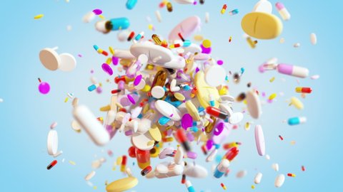 Group of Medical Pills explodes in slow motion in 4K