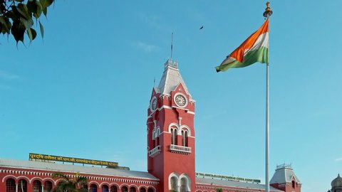Chennai, India - Circa December 2019. Indian flag at Chennai Central railway station.