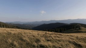 panorama of mountains .Green forest, field, white sky and sunny day. Europe.