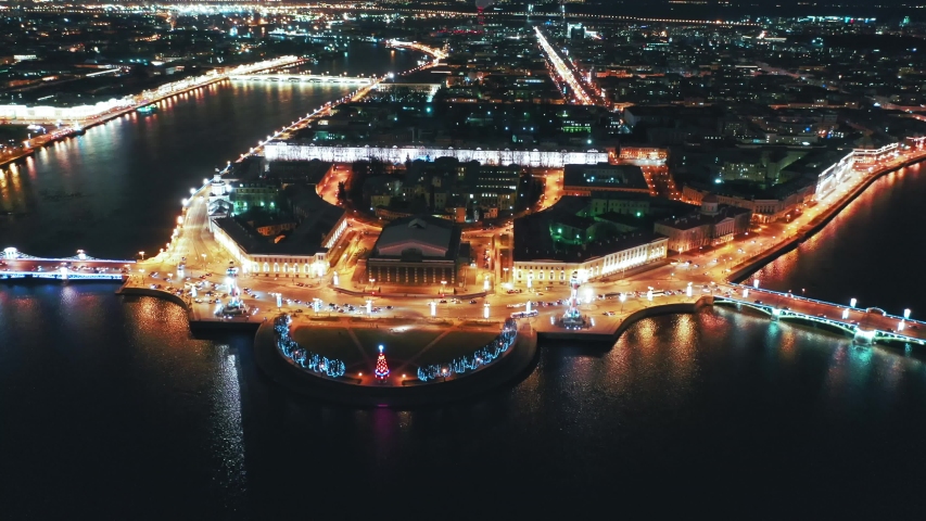Aerial view of Old Saint Petersburg Stock Exchange and Rostral Columns, St Petersburg, Russia