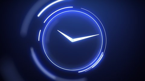 Animation fast moving clock with spinning circle graphics on a dark blue background