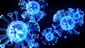 blue glowing holographic image of coronavirus like covid-19 virus or influenza virus flies in air or float smoothly on black background. 3D animation in 4k looped. For informational presentation.