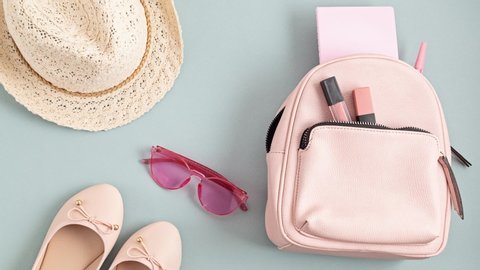 Stop motion animation with woman fashion accessories. Ballerina shoes, handbag, hat and pink sunglasses. Urban style outfit for spring and summer