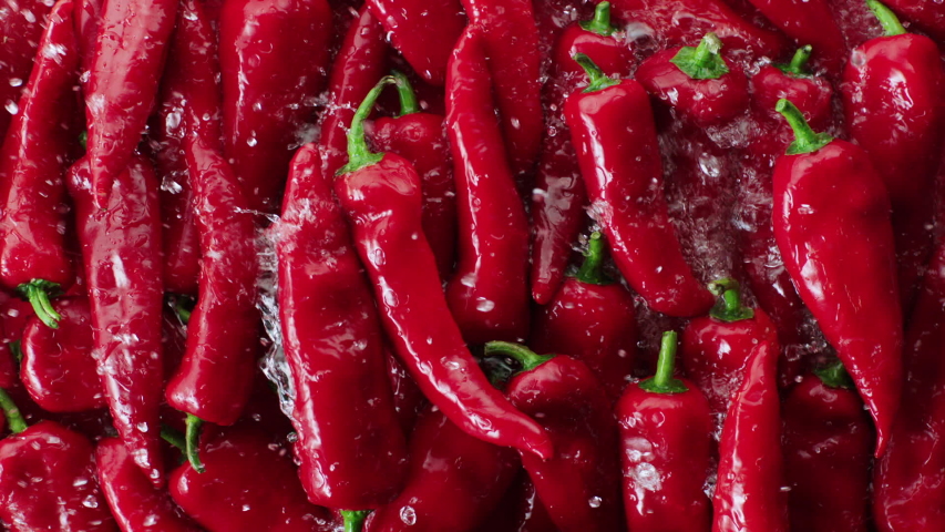 Fresh red peppers are washed with water. Slow motion.